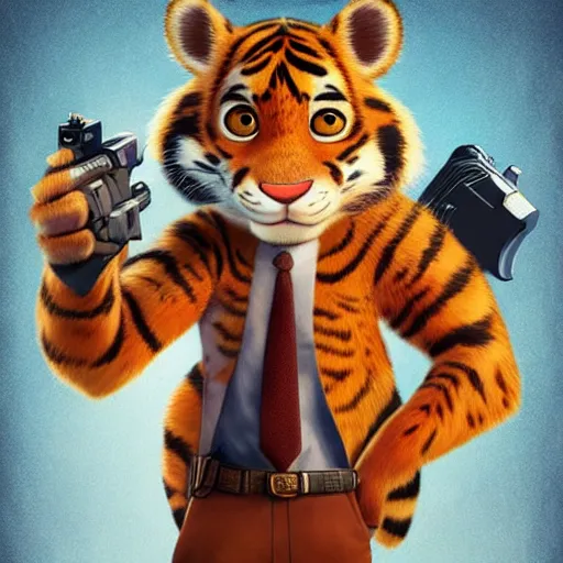 Image similar to “portrait of tiger in the style of the movie zootopia holding a laser gun, 4k, digital art, award winning”