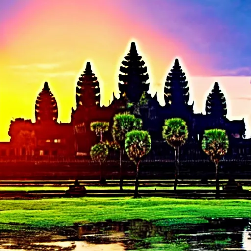 Prompt: angkor wat with water falls, sunset magic hour backlit photography