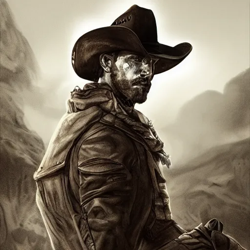 Image similar to portrait, a last stand of a cowboy, painting, dramatic lighting, cinematic, establishing shot, extremely high detail, foto realistic, cinematic lighting, pen and ink, intricate line drawings, post processed, concept art, artstation, matte painting, concept art, DeviantArt, art station, illustration highly detailed