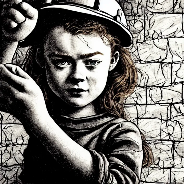 Image similar to extreme close - up on sadie sink as a miner : she lifts stale bread with her hand. background : black tiles on walls. black and white, pencil and ink. by gabriel hardman, joe alves, chris bonura. cinematic atmosphere, detailed and intricate, perfect anatomy