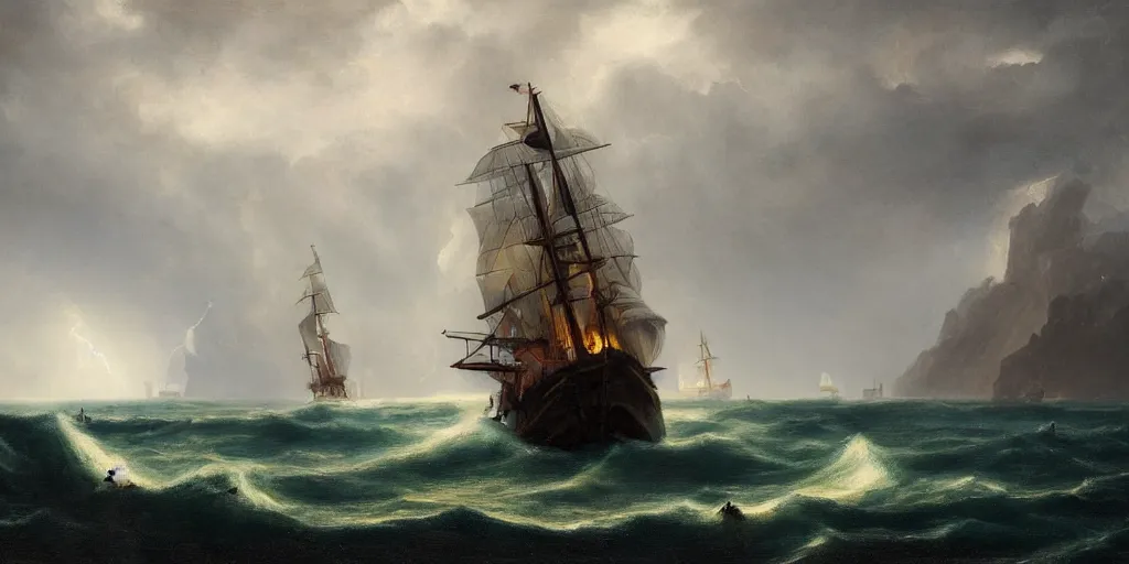 Image similar to a sail powered pirateship sailing through a powerful lighting storm, cliffs can be seen in the background, in the style of hudson river school, trending on art station, done in all blues