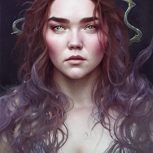 Prompt: Florence Pugh as a fantasy sorceress, D&D, head and shoulders portrait, fantasy, intricate, elegant, highly detailed, digital painting, artstation, concept art, matte, sharp focus, illustration, art by Artgerm and Greg Rutkowski and Alphonse Mucha