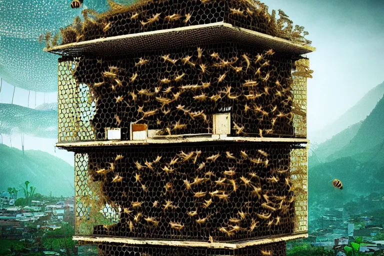 Prompt: favela jellyfish honeybee hive, wooded environment, industrial factory, horror, award winning art, epic dreamlike fantasy landscape, ultra realistic,