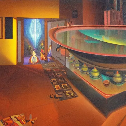Prompt: oil painted scene of dmt entity encounter, charles abel corwin, frank lloyd wright, highly detailed, hyper realism, sharp focus, detailed faces