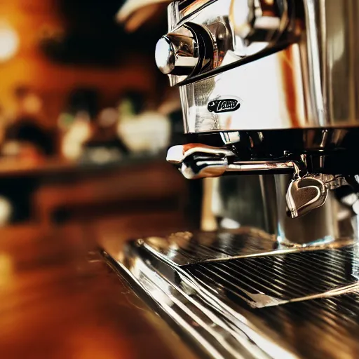 Prompt: close up realistic detailed photo of an expensive espresso machine in a cozy coffee shop, hdr, depth of field, chrome, reflections, volumetric lighting