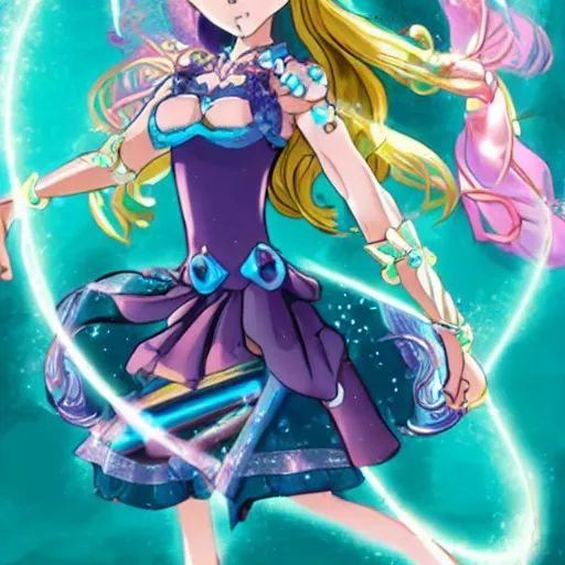 Image similar to atlantean anime magical girl flying with crystal energy rollerskates