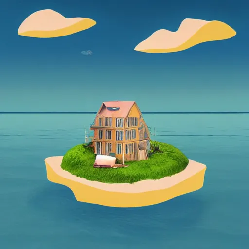 Image similar to a picture of a floating island with a house on it, an album cover by Justin Currie, polycount, plasticien, made of plastic, concert poster, made of trash