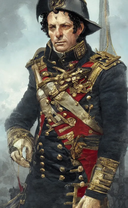Prompt: Portrait of a middle-aged Napoleonic admiral, male, detailed face, fantasy, highly detailed, cinematic lighting, digital art painting by greg rutkowski