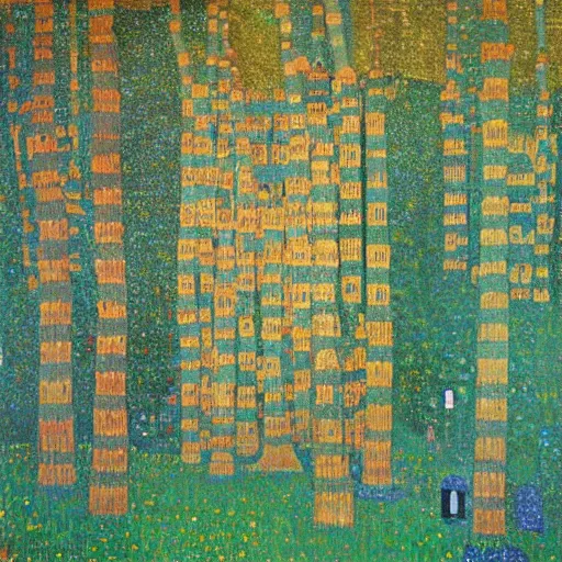 Image similar to an ancient village in a magical forest, painting by Gustav Klimt and Andy Warhol