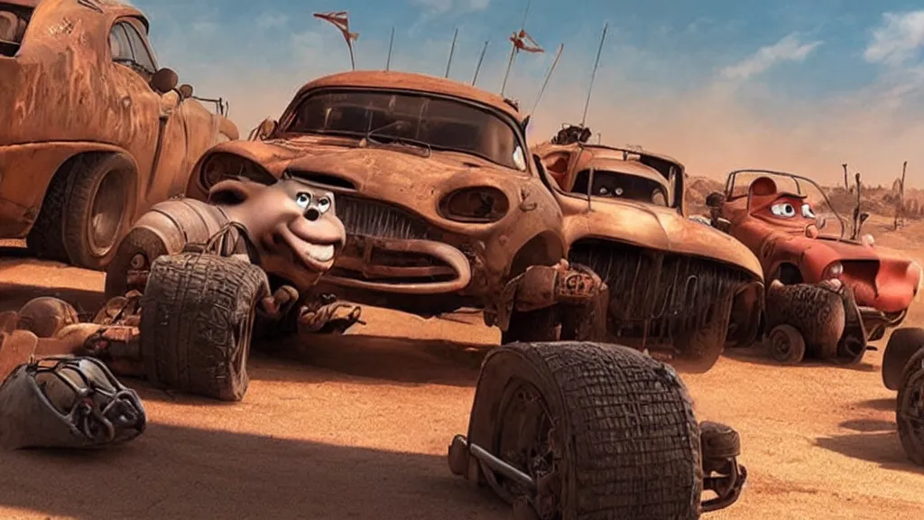 Image similar to mad max cars in a pixar disney movie