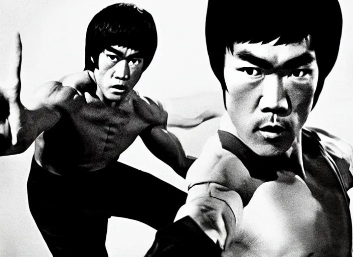 Image similar to Bruce Lee vs. a gigantic dragon, kung-fu film, vintage, martial arts, urban fantasy