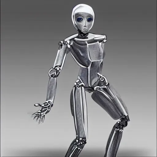 Prompt: “a skinny humanoid robot in a crouching position before a race, concept art, science fiction”