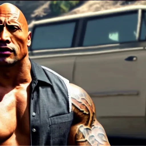 Prompt: Dwayne Johnson as a character in GTA V shooting at a dog