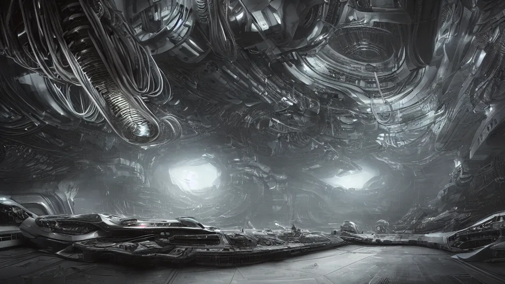 Image similar to a Photorealistic dramatic hyperrealistic,hyper detailed render of an Epic Sci-Fi, Gigantic Alien xenomorph spaceship inside huge interior hangar,intricate bio mechanical surface details in a top secret research facility,many tubes and cables hanging from the ceiling by Greg Rutkowski,Craig Mullins,ILM,Beautiful dynamic dramatic moody lighting,Volumetric,Cinematic Atmosphere,Octane Render,Artstation,8k