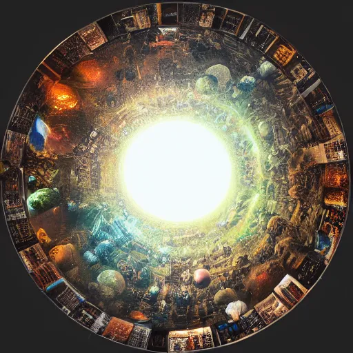 Image similar to multiverse [ within bowl ]!!! resting on table, trending on artstation, cgsociety, [ overhead view ]!!, 4 k quality, intricately defined, professional photography, complexly detailed, polycount