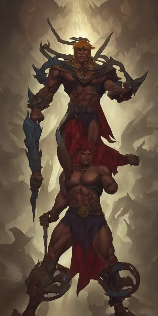 Image similar to one full body centered character pose of He-Man with a dark manner; He-Man looks like a dark, mysterious, shadowy, eerie, ominous character; atmospheric, cinematic, Epic, 4k, ultra-detailed, ultra-realistic, colored ZBrush render, art by artgerm and Greg Rutkowski and Alphonse Mucha