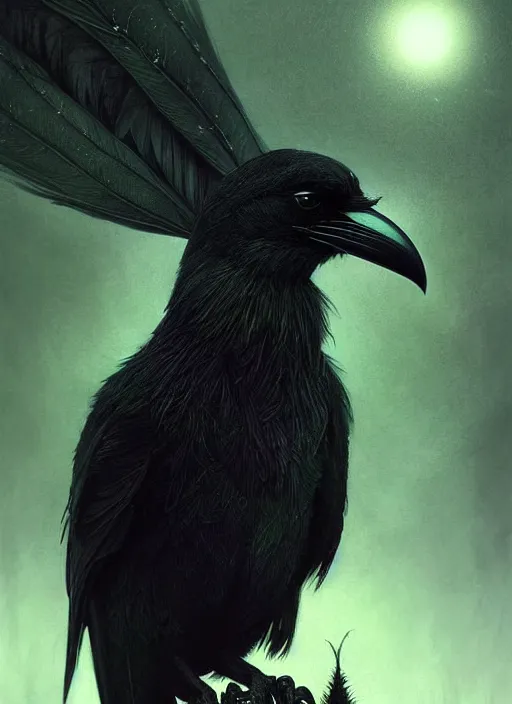 Image similar to side portrait dark crow (animal), close-up, fantasy forest landscape, moonshine, fantasy magic, nice black feather, proud, green dark light night, intricate, elegant, sharp focus, illustration, highly detailed, digital painting, concept art, matte, art by WLOP and Artgerm and Greg Rutkowski and Alphonse Mucha, masterpiece