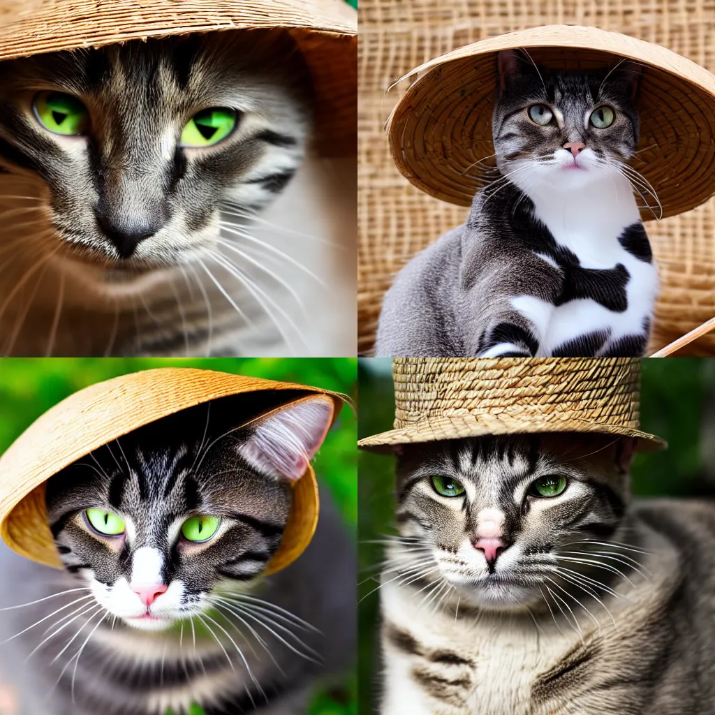 Prompt: A cat wearing vietnamese straw hat, award winning photo, 4K