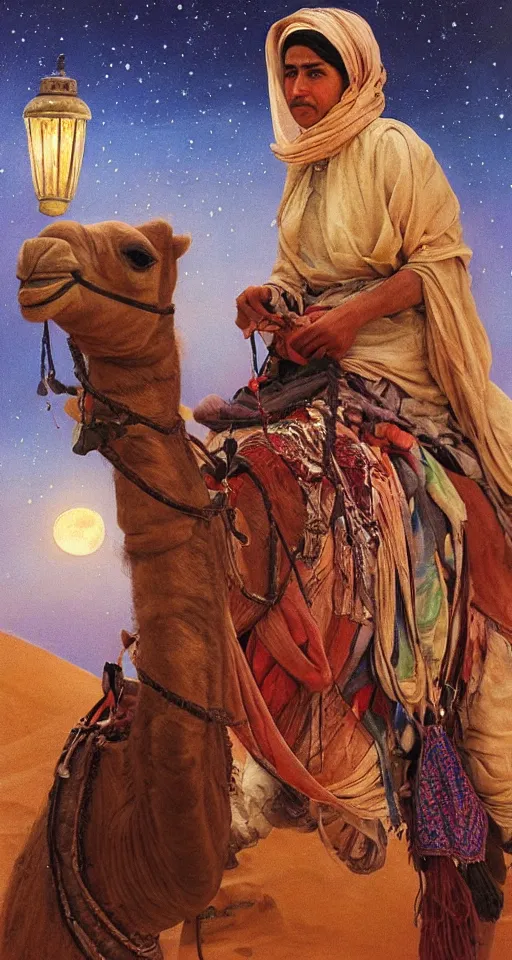 Image similar to an arabian merchant rides her camel in the desert at night, soft glow from a lantern, moon and stars in night sky, stunning, detailed oil paint