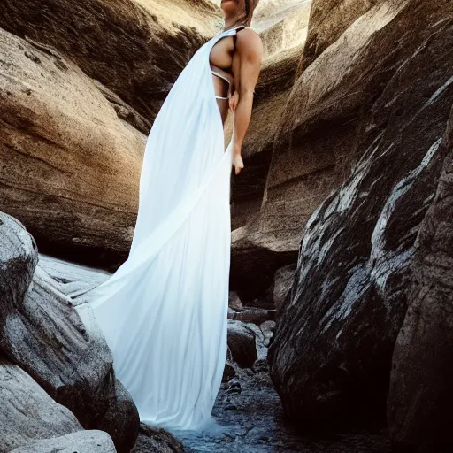 Image similar to photo, a woman in a giant flowing incredibly long dragging illuminated white dress, standing inside a dark western rocky scenic landscape, volumetric lighting