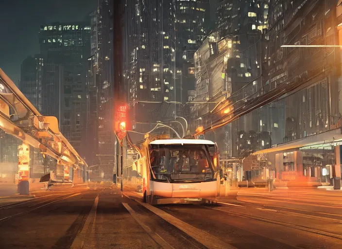 Image similar to trolleybus stands at a stop, headlights shine with neon light, atmospheric, futuristic, cyberpunk, ray tracing global illumination, 8 k resolution, ultra detailed