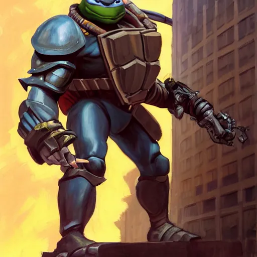 Image similar to greg manchess portrait painting of armored teenage mutant ninja turtles as overwatch character, medium shot, asymmetrical, profile picture, organic painting, sunny day, matte painting, bold shapes, hard edges, street art, trending on artstation, by huang guangjian and gil elvgren and sachin teng