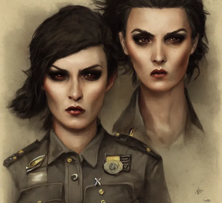 Prompt: a rugged and sarcastic female cop in the style of tom bagshaw