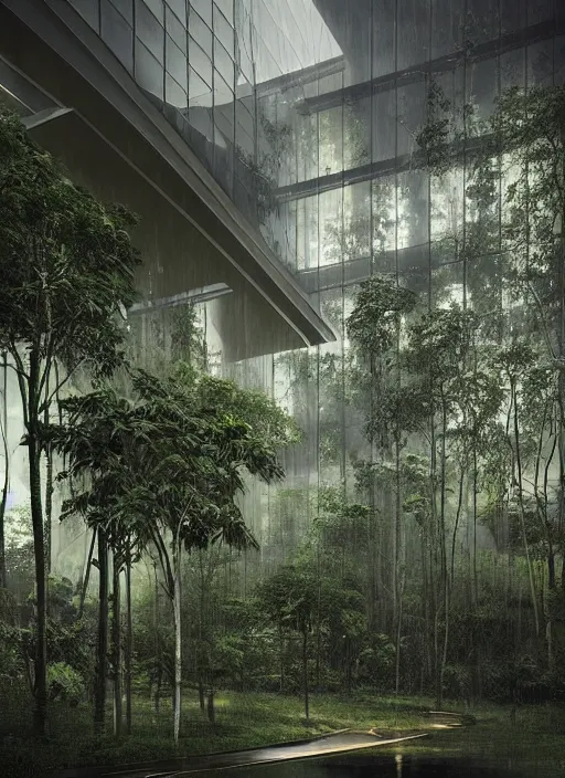 Prompt: “thunderstorm Amazon forest architecture building , the building is in a rainy forest , luxury architecture, architecture digest, building surrounded by dark clouds , mellow tones, fluorescent lighting,volumetric Lighting, photorealism, high detail, golden ratio, cinematic, octane renderer”