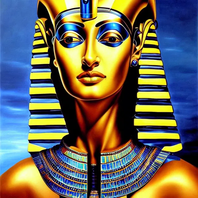 Image similar to a beautiful painting cyberpunk robot queen of egypt face, by salvador dali realistic oil painting
