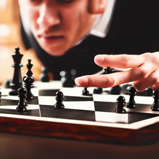 Image similar to angry man flipping over the chessboard after losing, ultra realistic