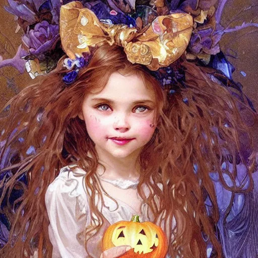 Image similar to a cute happy little girl with light brown wavy curly hair and blue eyes sitting amidst piles of halloween decorations. beautiful cute highly detailed face. halloween themed painting by artgerm and greg rutkowski and alphonse mucha.