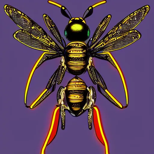 Prompt: cyberpunk queen bee with neon color body, highly detailed, steampunk