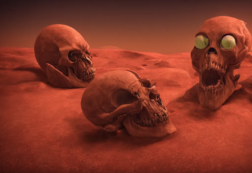 Prompt: eldritch alien skull in a dessert in mars, cinematic lighting, octane tender, volumetric light, dark - art