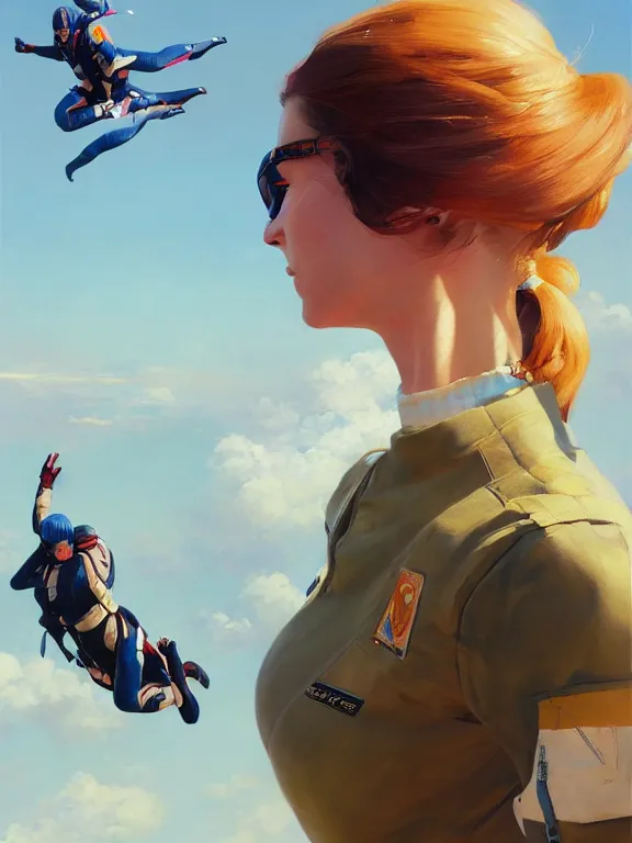 Prompt: an ultradetailed beautiful portrait painting of a girl as an skydiver, side view, oil painting, high resolution, by ilya kuvshinov, greg rutkowski and makoto shinkai