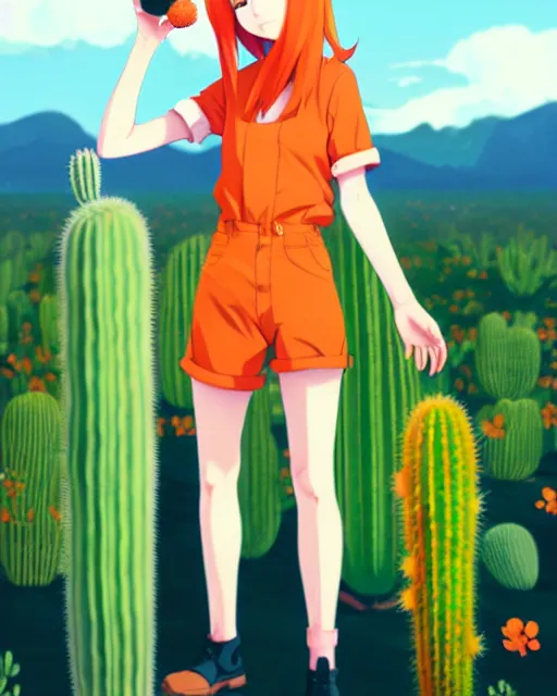 Image similar to portrait of cute redhead foxgirl in orange jumpsuit with fox ears by ilya kuvshinov, holding a cactus, cloudy sky background lush landscape illustration concept art anime key visual trending pixiv fanbox by wlop and greg rutkowski and makoto shinkai and studio ghibli