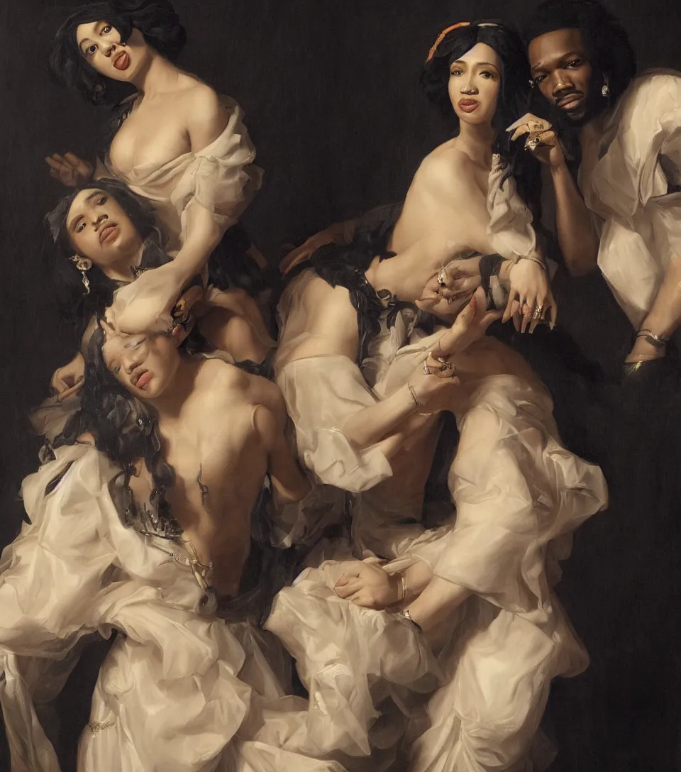 Prompt: portrait of cardi b and offset in the style of roberto ferri