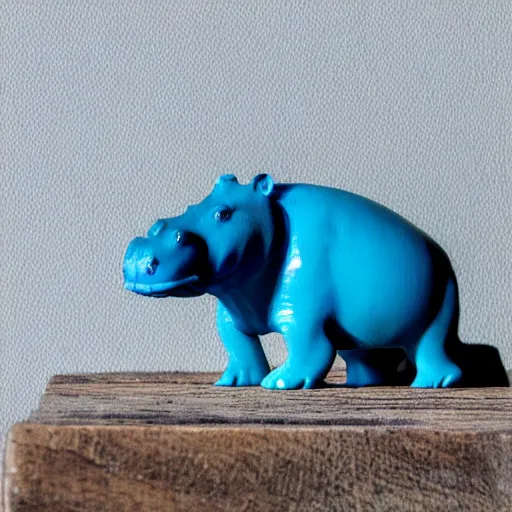 Image similar to small hippopotamus sculpture on a desk half wood and half blue epoxy sculpture, mix, decorative small, 3 5 mm macro photography, studio