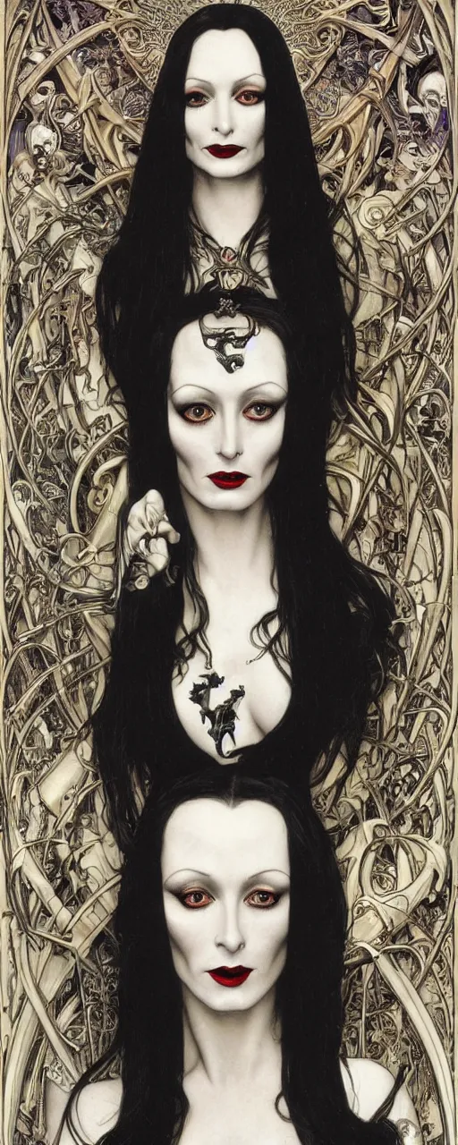 Prompt: striking sensual gorgeous grindcore art nouveau portrait of morticia addams as a goregrind death metal rebel by chris achilleos, giger, simon bisley and alphonse mucha, photorealism, extremely hyperdetailed, perfect symmetrical facial features, perfect anatomy, ornate declotage, weapons, circuitry, high technical detail, determined expression, piercing gaze
