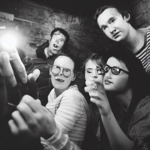 Prompt: A Group of Friends having a moment of nostalgia in their cramped basement, 90s Film Photo, Flash Photography, 40mm lens, Award Winning, 8k Film Scan