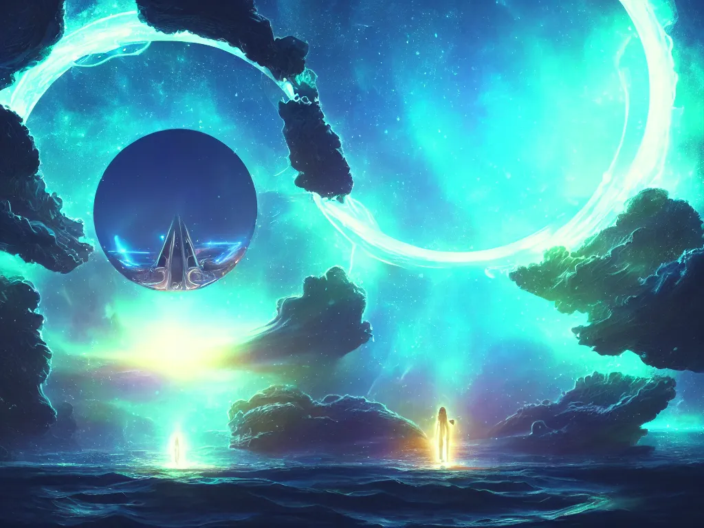 Prompt: space scene fantasy macro portal round gate, star sky neon macro portal cosmos reflected in water sea. journey through space glowing closeup portal gate, detailed, concept art, low angle, high detail, warm lighting, volumetric, godrays, vivid, beautiful, trending on artstation, by jordan grimmer, huge scene, grass, art greg rutkowski