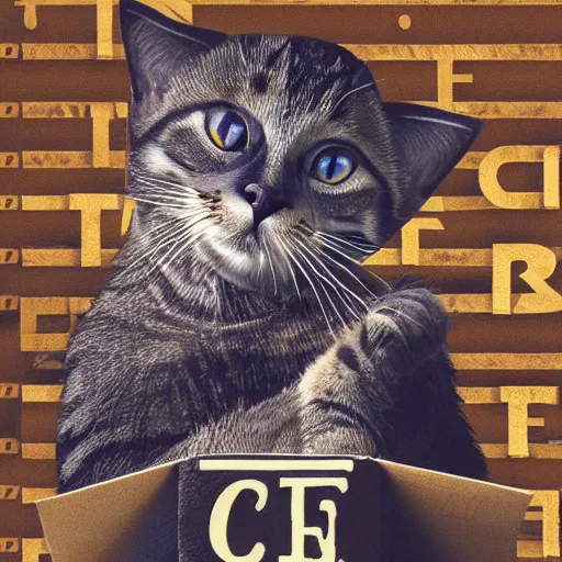 Image similar to cat holding letters falc, f a l c, o n i, falconi, ultra realism