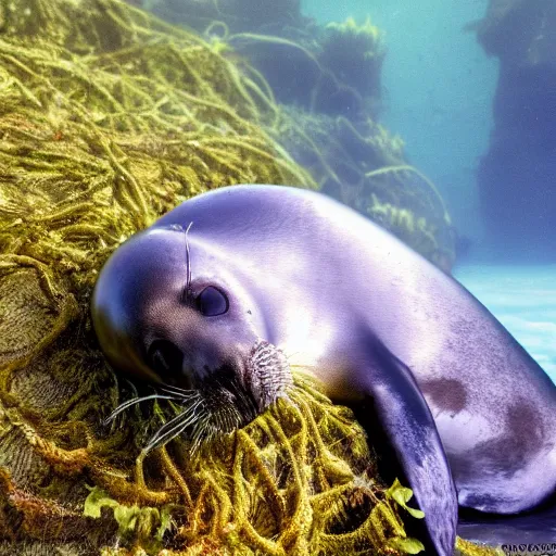 Image similar to A seal sleeping peacefully in a kelp forest, Prince in pastel!!, **cinematic, hyper realistic, detailed, 8k, octane render**.