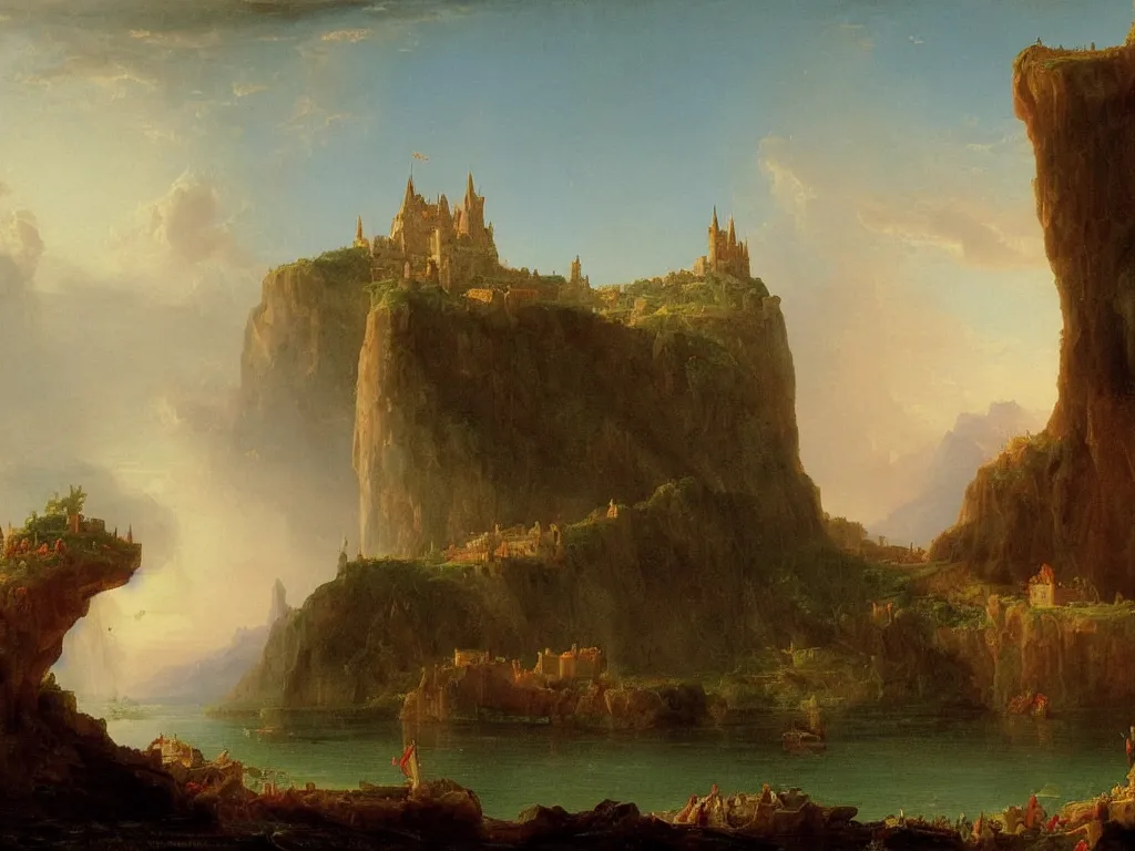 Image similar to a landscape painting of a castle on the ship, by Thomas Cole