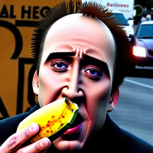 Image similar to uhd candid photo of nicholas cage, down on his luck, ranting maniacally on skid row while wielding a banana. correct face, intricate details, hyperdetailed, accurate face. photo by annie leibowitz