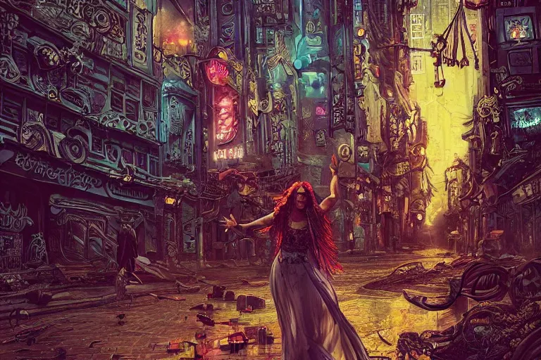 Prompt: a young woman in a rococo dress as shaman dancing in with spirits in ornate cyberpunk city street, 2am, by Chiara Bautisya, annihilation movie blade runner movie, Prometheus movie in style of Laurie Greasley, Jen Bartel, Background by Tarmo Juhola, kowloon, cinematography Roger Deakins,