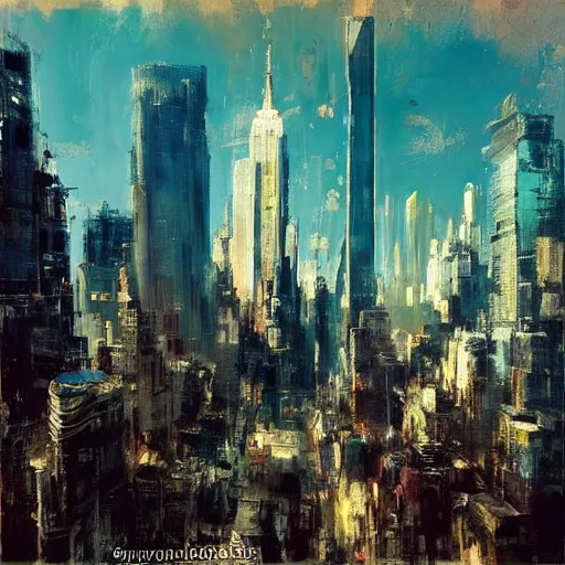 Prompt: new york skyline, 1 9 7 0 s scifi art style, flying cars, jeremy mann painting