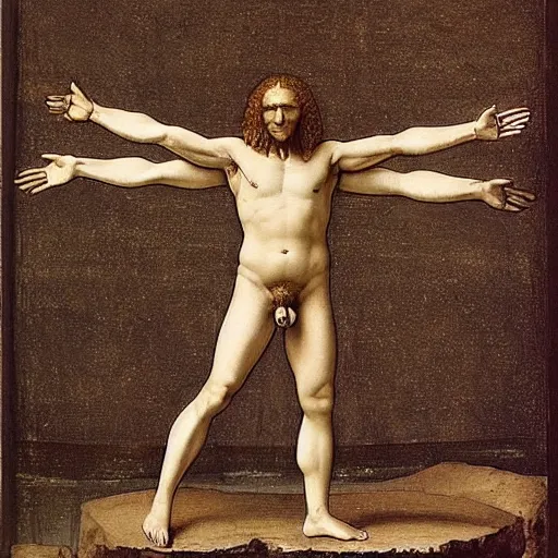 Prompt: a modern man wearing a speedo, the vitruvian man by leonardo da vinci