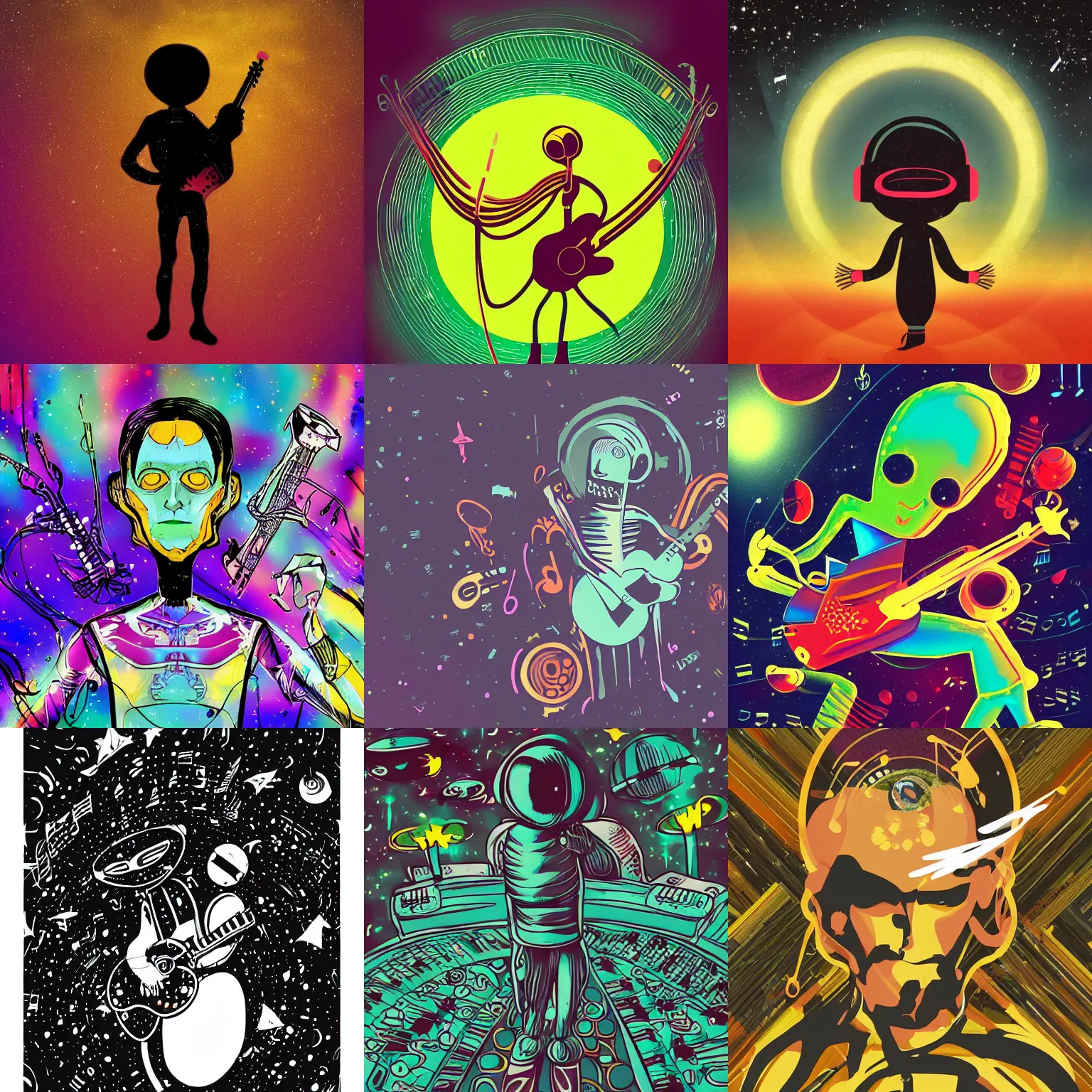 Prompt: an alien musician lost in space, surrounded by music, dark colors, digital art, hd, stylized, minimal, abstract