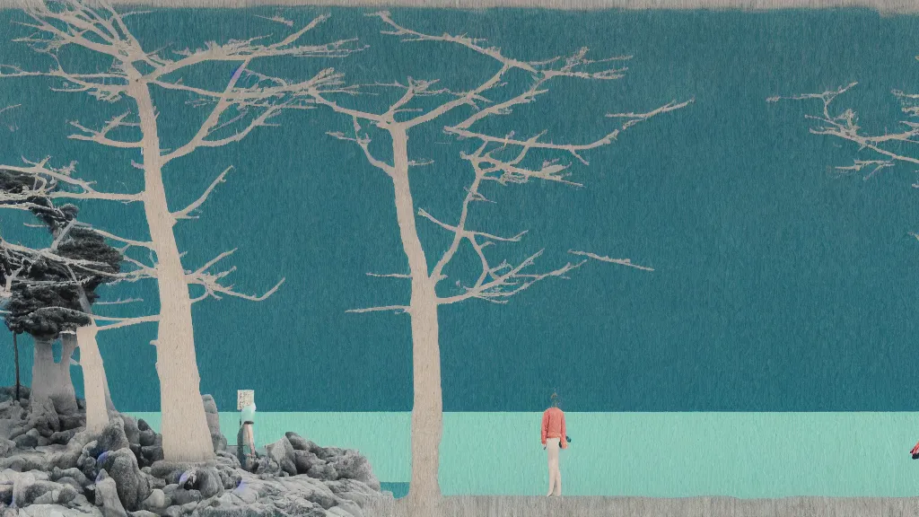 Image similar to a seaside landscape with sequoia trees, japan, a collage painting, in the style of wes anderson, lola dupre, david hockney, isolated on negative white space background dark monochrome neon spraypaint accents volumetric octane render