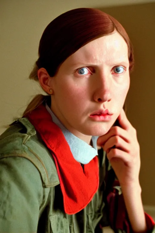 Prompt: beautiful wes anderson movie 3 5 mm film still, only one head single portrait team fortress 2 scout the girl with the pearl earring as the team fortress 2 scout team fortress 2 scout team fortress 2 scout scout team fortress 2 scout, absurdly beautiful, elegant, photographic ultrafine hyperrealistic detailed face wes anderson color, vintage, retro,